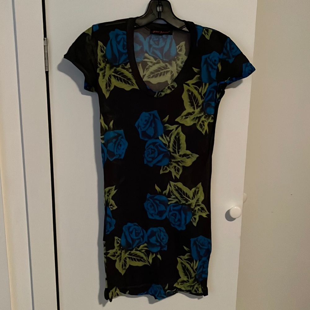 Betsey Johnson Sheer Blue Rose Tunic